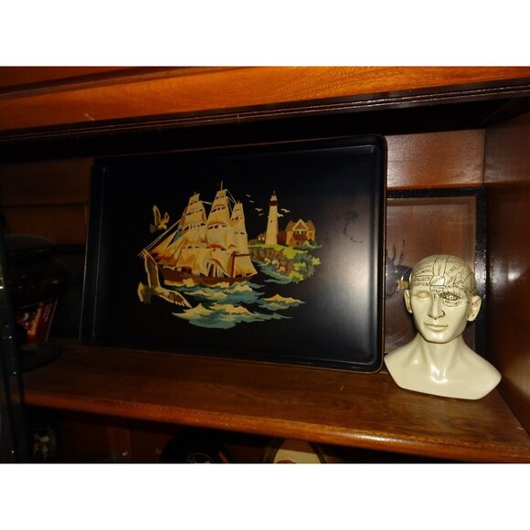 Tin Tray Sailing Ship Lighthouse Hand Painted Black Vintage Tole Style Rectangle - Picture 6 of 11